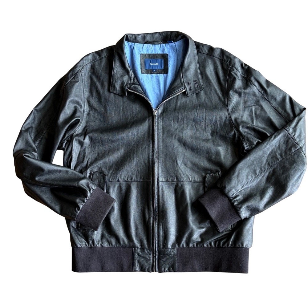 Faconnable Mens Black Lambskin Leather Bomber Jacket XL Full Zip